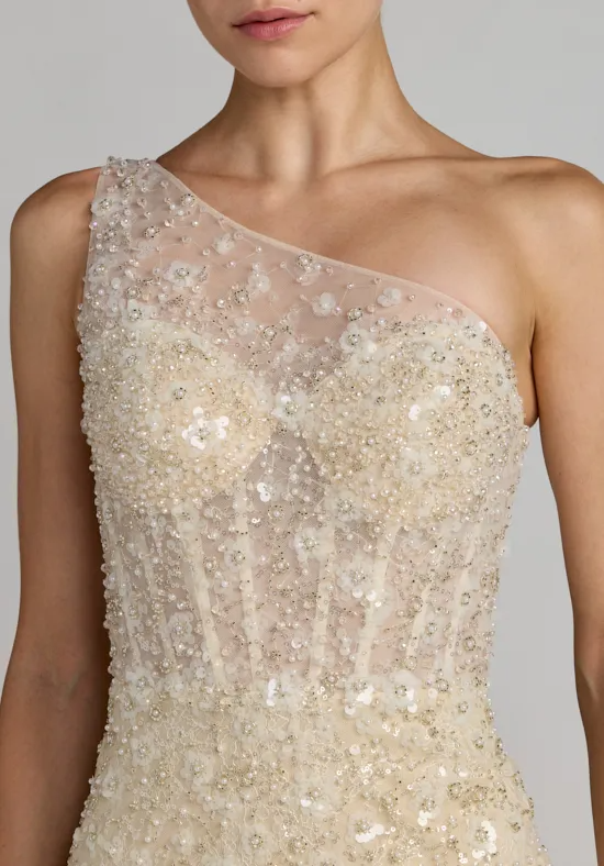 One Shoulder Beaded Mermaid Wedding Dress Sheer Corset Bodice 3D Floral Sequin Bridal Gown