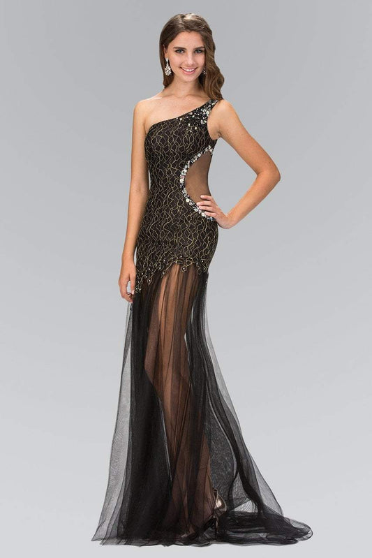 One Shoulder Black Gold Prom Dresses with Beaded Accents and Sheer Tulle Skirt