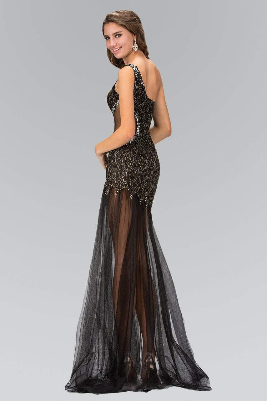 One Shoulder Black Gold Prom Dresses with Beaded Accents and Sheer Tulle Skirt