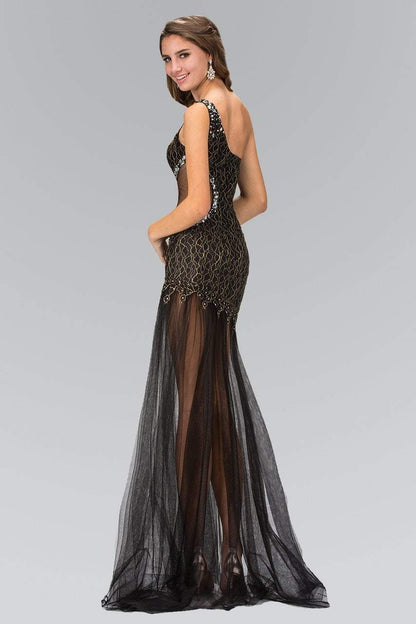 One Shoulder Black Gold Prom Dresses with Beaded Accents and Sheer Tulle Skirt