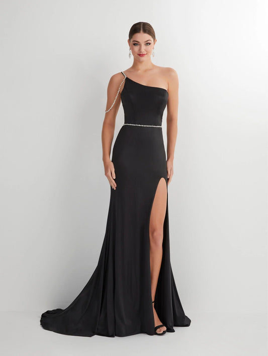 One Shoulder Black Jersey Evening Dresses with Beaded Accents and Front Slit