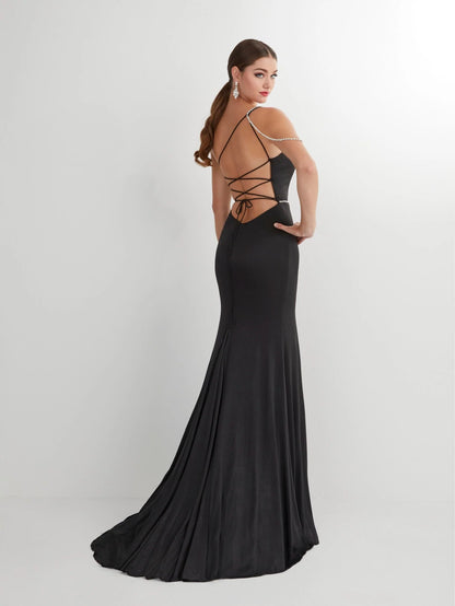 One Shoulder Black Jersey Evening Dresses with Beaded Accents and Front Slit