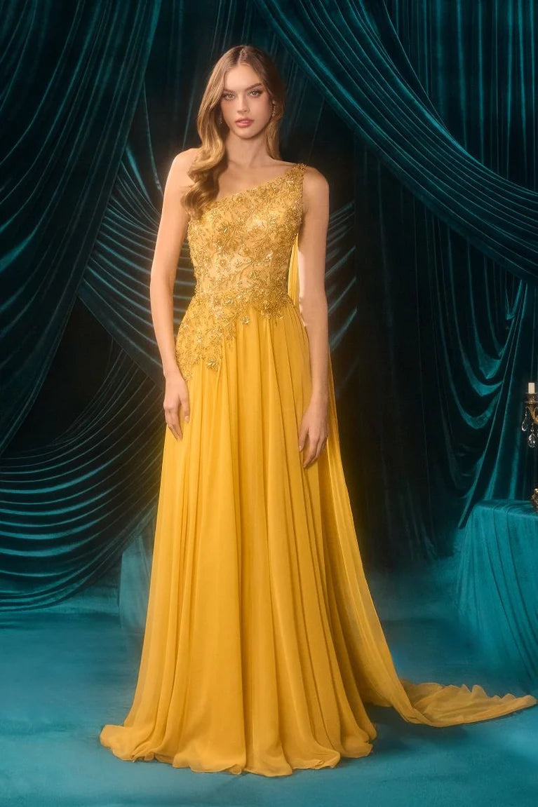 One Shoulder Gold Lace Appliqué Cape High Slit Mustard Yellow Chiffon A Line Cathedral Train Prom Dresses