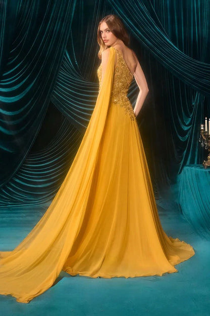 One Shoulder Gold Lace Appliqué Cape High Slit Mustard Yellow Chiffon A Line Cathedral Train Prom Dresses