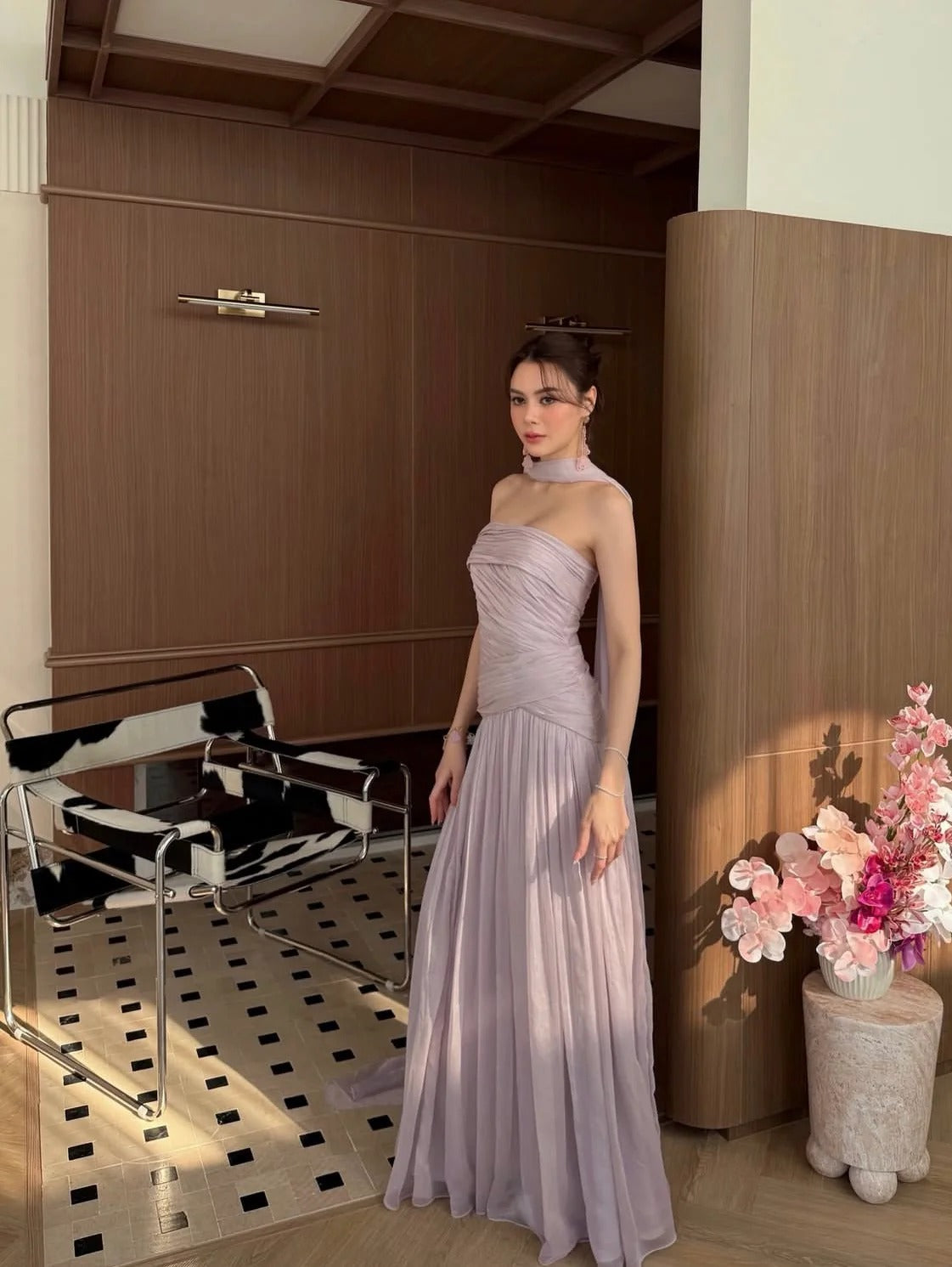 One Shoulder Halter Neck Ruched Bodice Flowy Chiffon Trailing Sash Maxi Prom Dresses