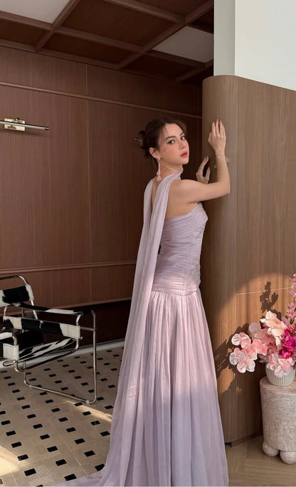 One Shoulder Halter Neck Ruched Bodice Flowy Chiffon Trailing Sash Maxi Prom Dresses