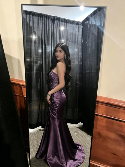 One Shoulder Purple Beaded Long Prom Dress Mermaid Evening Dress