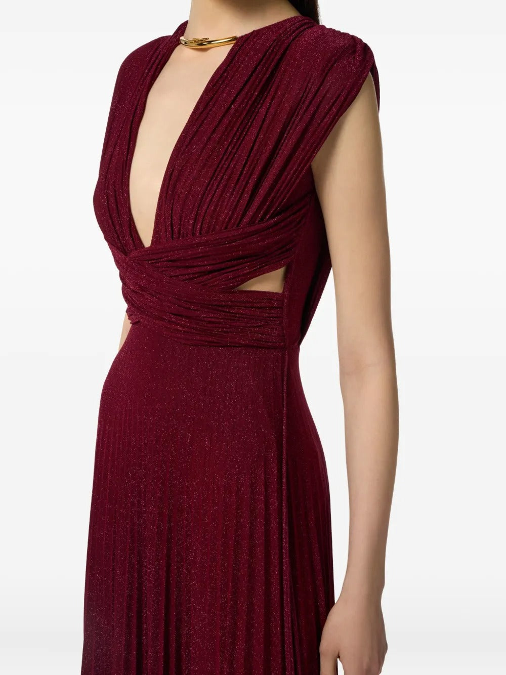 Opulent Burgundy Lurex Twist-Front Cutout Evening Dress