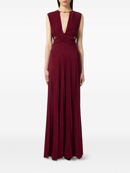 Opulent Burgundy Lurex Twist-Front Cutout Evening Dress