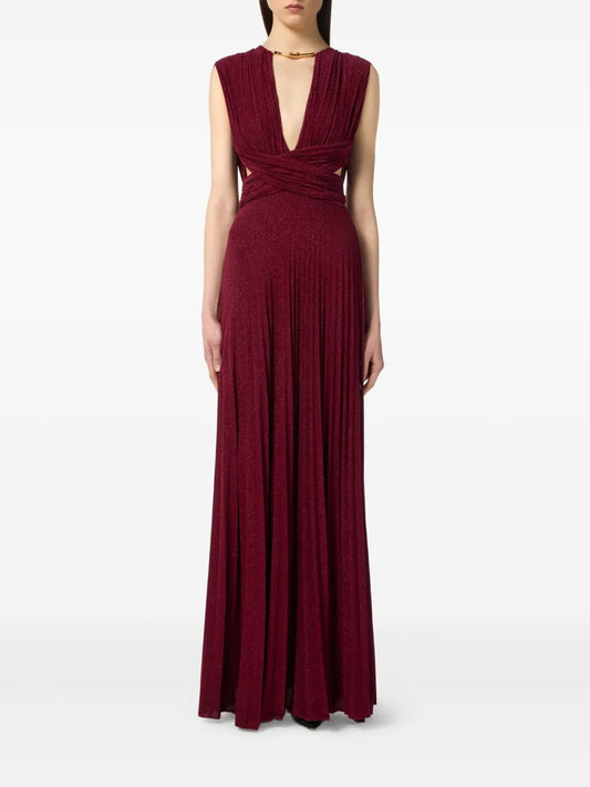 Opulent Burgundy Lurex Twist-Front Cutout Evening Dress