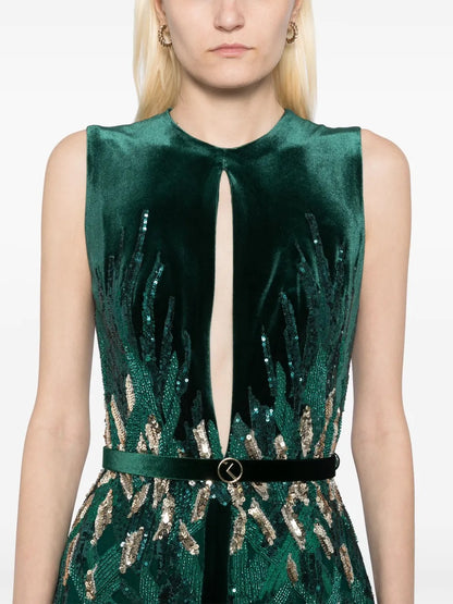Opulent Emerald Green Velvet & Sequin Prom Dress
