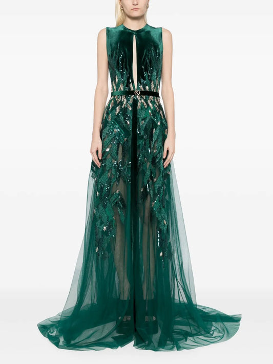 Opulent Emerald Green Velvet & Sequin Prom Dress