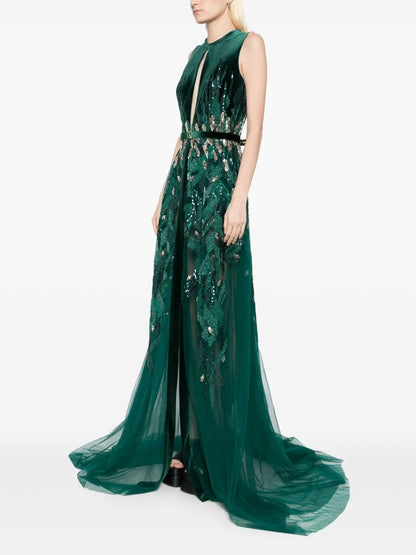 Opulent Emerald Green Velvet & Sequin Prom Dress