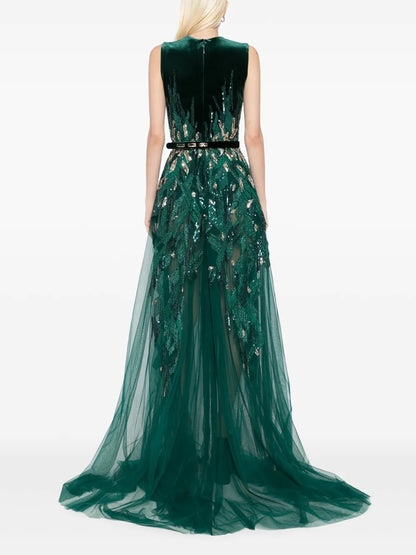 Opulent Emerald Green Velvet & Sequin Prom Dress