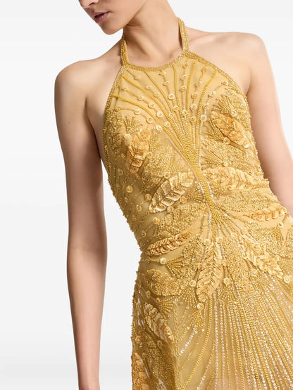 Opulent Gold Beaded Halter-Neck Prom Dress