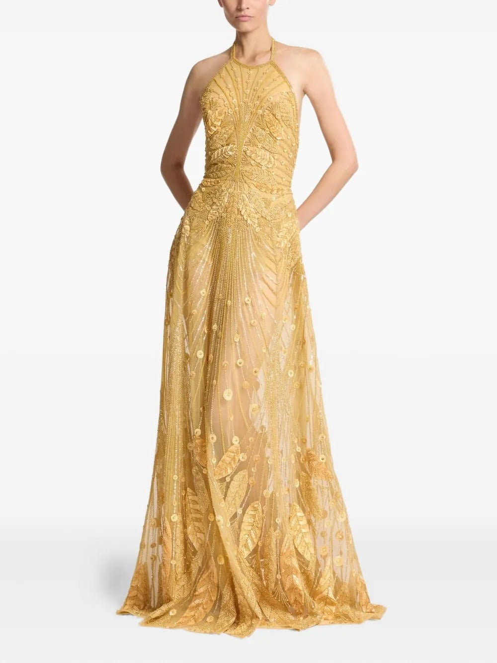 Opulent Gold Beaded Halter-Neck Prom Dress