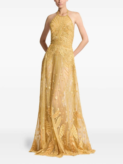 Opulent Gold Beaded Halter-Neck Prom Dress
