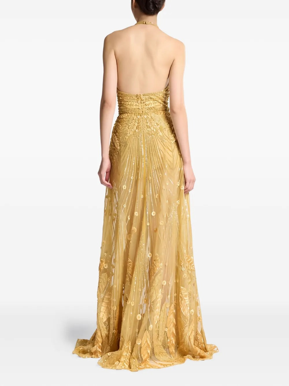 Opulent Gold Beaded Halter-Neck Prom Dress