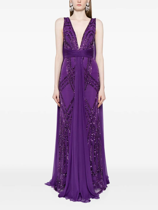 Opulent Purple Sequin Embellished Chiffon Cape Evening Dress