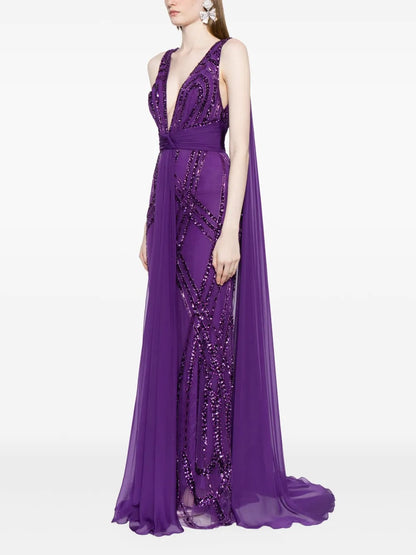Opulent Purple Sequin Embellished Chiffon Cape Evening Dress