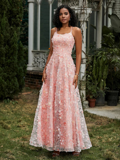 Blush Tulle Maxi Prom Dresses with Spaghetti Strap 3D Floral Applique Lace-Up Back A Line Skirt for Prom and Garden Wedding