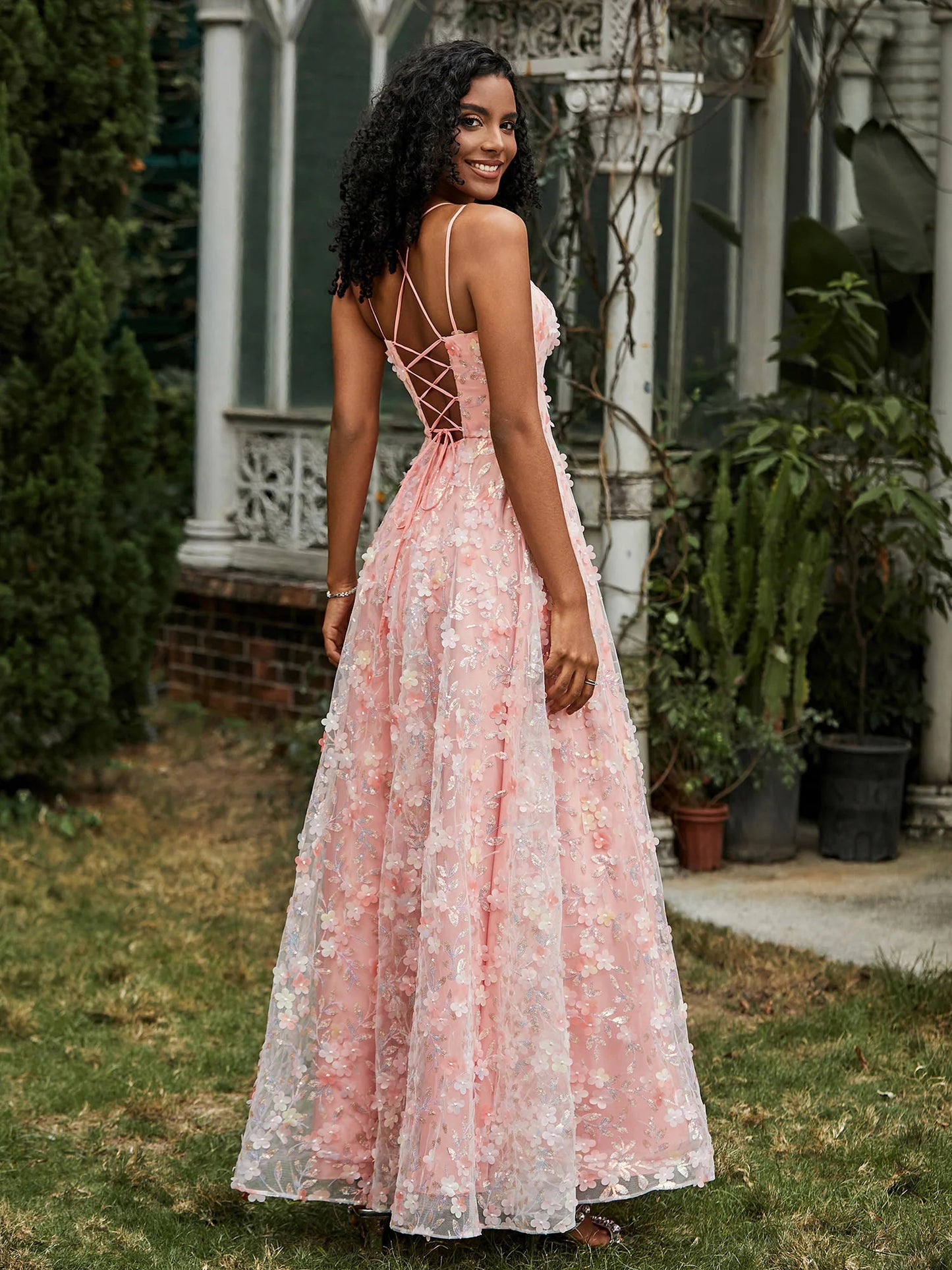 Blush Tulle Maxi Prom Dresses with Spaghetti Strap 3D Floral Applique Lace-Up Back A Line Skirt for Prom and Garden Wedding