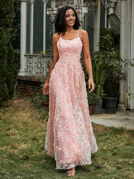 Blush Tulle Maxi Prom Dresses with Spaghetti Strap 3D Floral Applique Lace-Up Back A Line Skirt for Prom and Garden Wedding
