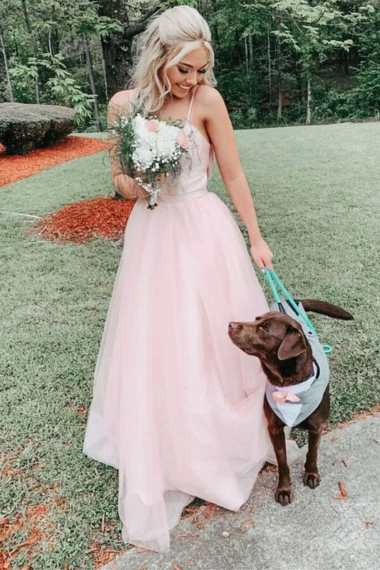 Bow Back Pink A-line Empire-Waist Sleeveless Tulle Long Prom Dress
