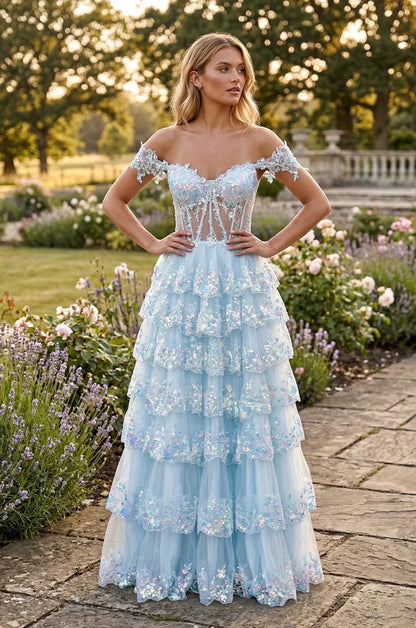 Enchanting Off Shoulder Lavender Sequin Tiered Tulle Gown with Corset Bodice and Ruffle Sleeves Prom Dress