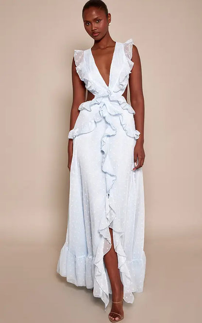 Pale Blue Deep V Ruffle Cutout Open Back Maxi Evening Dress Wedding Guest Gown