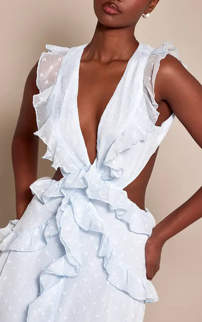 Pale Blue Deep V Ruffle Cutout Open Back Maxi Evening Dress Wedding Guest Gown