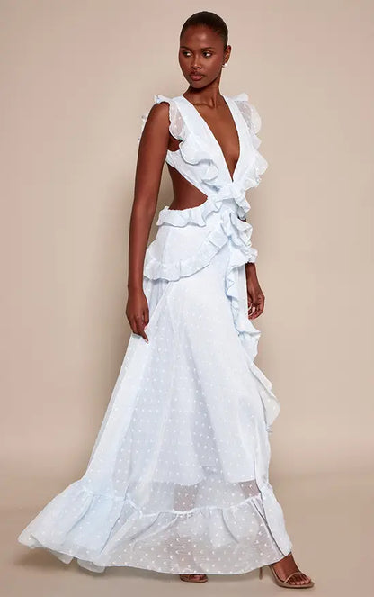 Pale Blue Deep V Ruffle Cutout Open Back Maxi Evening Dress Wedding Guest Gown