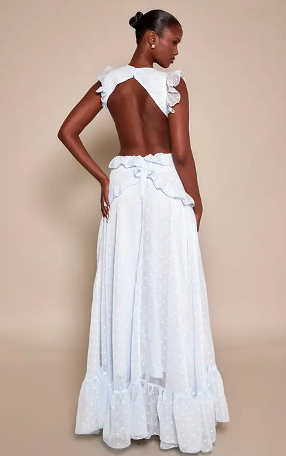 Pale Blue Deep V Ruffle Cutout Open Back Maxi Evening Dress Wedding Guest Gown