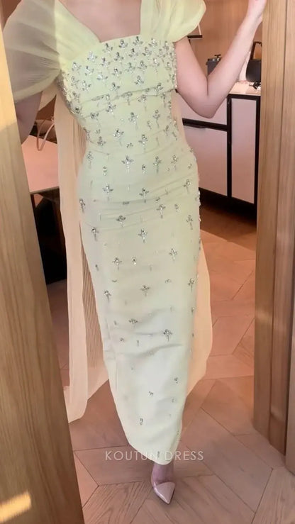 Pale Yellow Off The Shoulder Beaded Embellished Draped Chiffon Midi Prom Dress