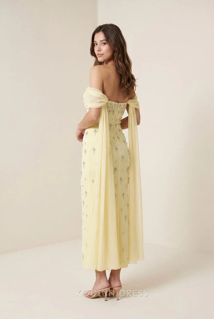Pale Yellow Off The Shoulder Beaded Embellished Draped Chiffon Midi Prom Dress