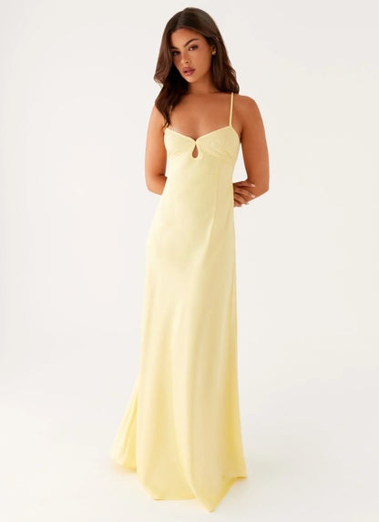 Pale Yellow Spaghetti Strap Lace Bust Open Back Maxi Formal Evening Prom Dress