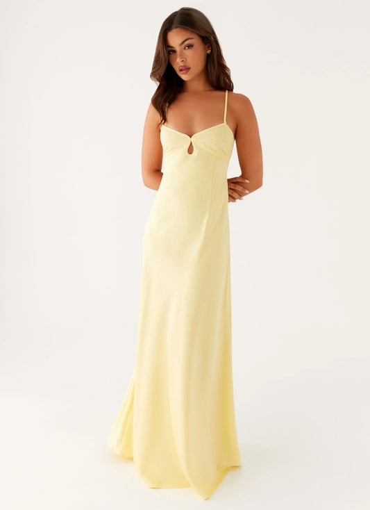 Pale Yellow Spaghetti Strap Lace Bust Open Back Maxi Formal Evening Prom Dress