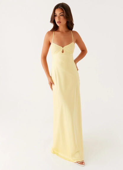 Pale Yellow Spaghetti Strap Lace Bust Open Back Maxi Formal Evening Prom Dress