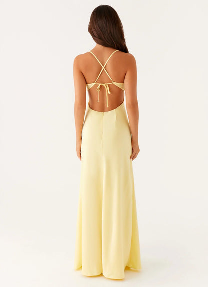Pale Yellow Spaghetti Strap Lace Bust Open Back Maxi Formal Evening Prom Dress