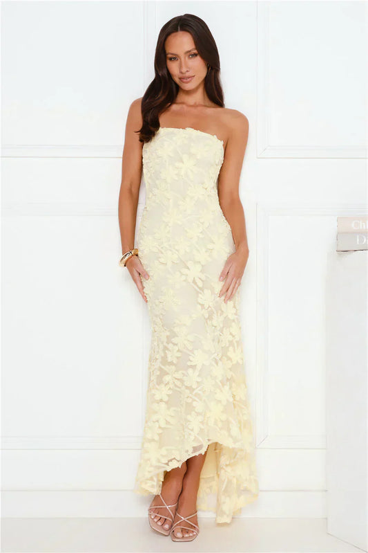Pale Yellow Strapless 3D Floral Lace Cutout Back Mermaid Formal Evening Prom Dress
