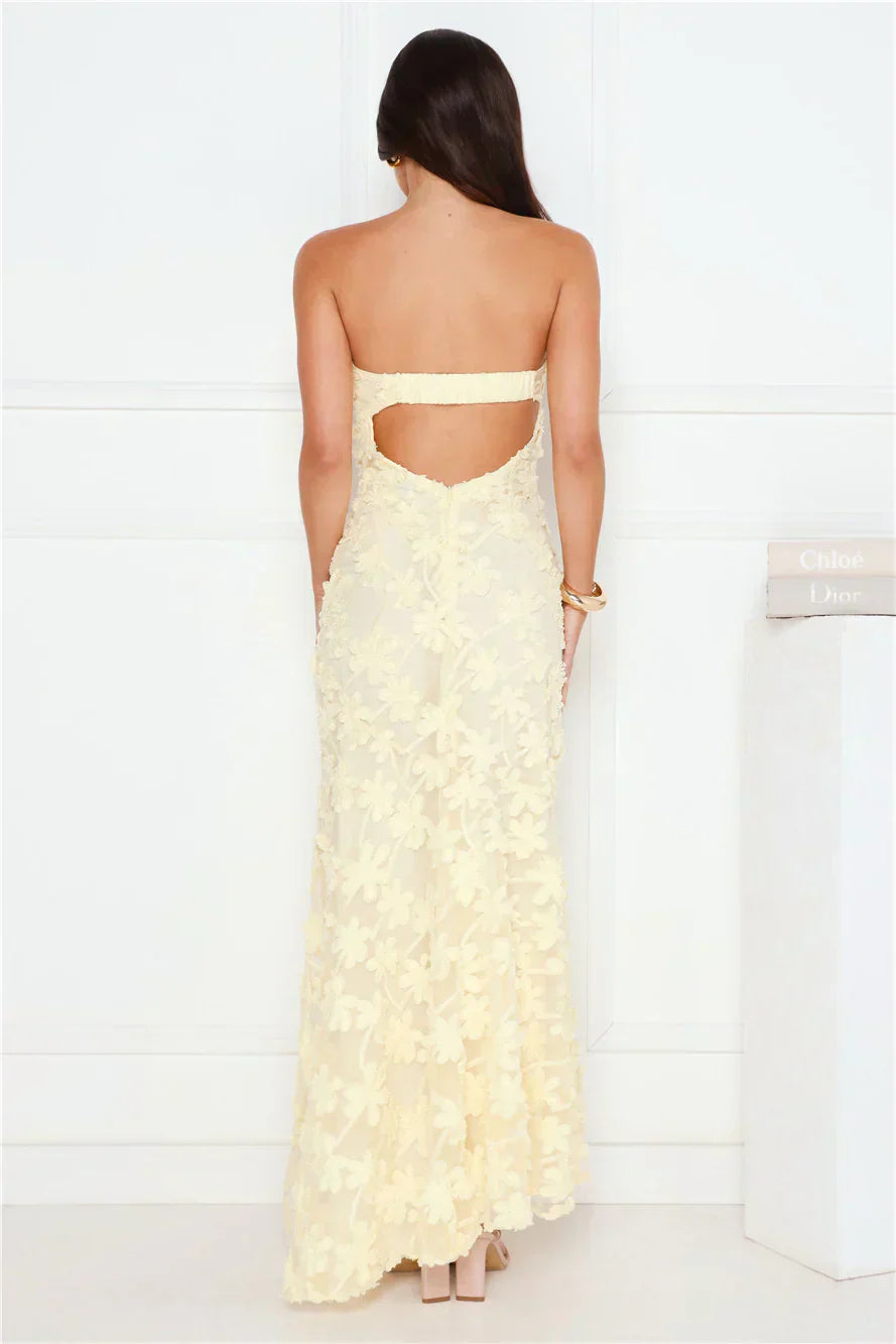 Pale Yellow Strapless 3D Floral Lace Cutout Back Mermaid Formal Evening Prom Dress