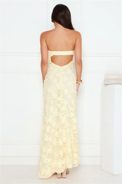 Pale Yellow Strapless 3D Floral Lace Cutout Back Mermaid Formal Evening Prom Dress