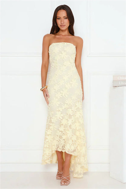 Pale Yellow Strapless 3D Floral Lace Cutout Back Mermaid Formal Evening Prom Dress