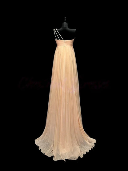 Peach One Shoulder Prom Dress With Sweetheart Neckline And Empire Waist Chiffon Formal Prom Dress