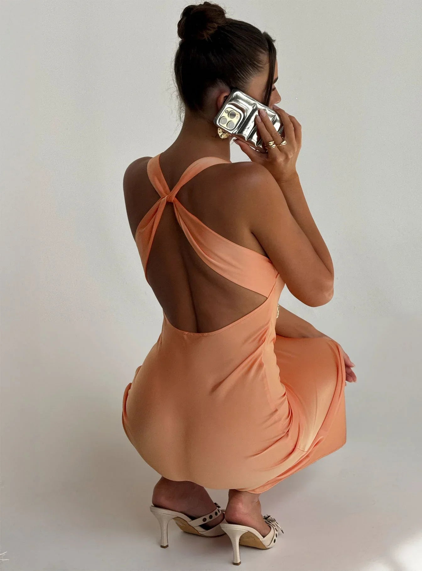 Peach Satin Prom Dress with Cowl Neck and Knot Back Detail for Formal Events and Prom Nights