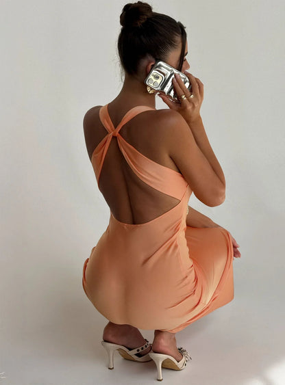 Peach Satin Prom Dress with Cowl Neck and Knot Back Detail for Formal Events and Prom Nights