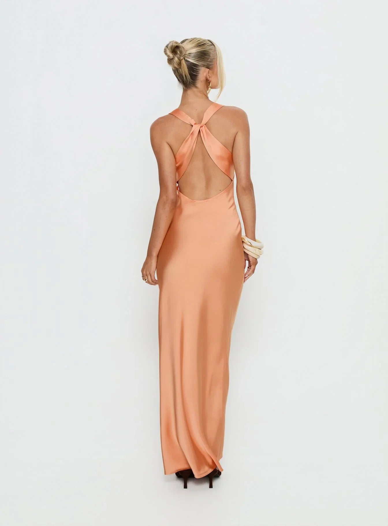 Peach Satin Prom Dress with Cowl Neck and Knot Back Detail for Formal Events and Prom Nights