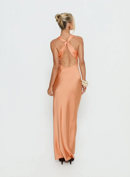 Peach Satin Prom Dress with Cowl Neck and Knot Back Detail for Formal Events and Prom Nights