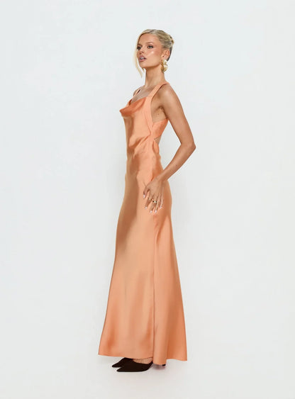 Peach Satin Prom Dress with Cowl Neck and Knot Back Detail for Formal Events and Prom Nights