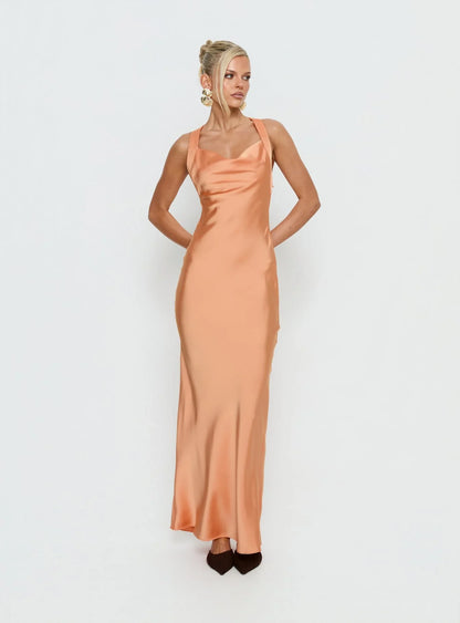 Peach Satin Prom Dress with Cowl Neck and Knot Back Detail for Formal Events and Prom Nights